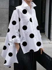 Buttoned High-Low Polka-Dot Split-Side Lapel Long Sleeves Blouse