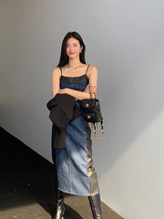 Retro Stitching Strap Denim Dress