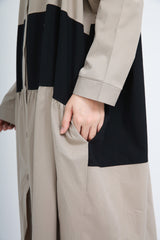 Stand-Up Collar Cotton And Linen Stitching Contrast Midi Dress