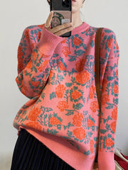 Women Retro Print Round Neck Padded Sweater