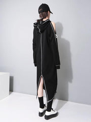 Cold shoulder Drawstring Split-back Sweatshirt Midi Dress
