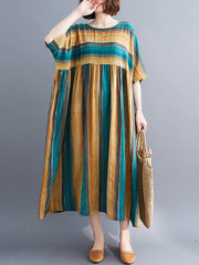 Vintage Striped Split-Joint Round-Neck Dress
