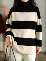 Vintage High-Neck Striped Loose Sweater