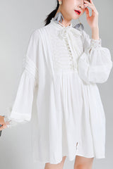 Women Disc Button Embroidered Lantern Sleeve Dress
