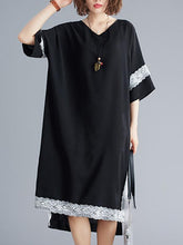 Loose Lace Splicing High-Low V-Neck Dress