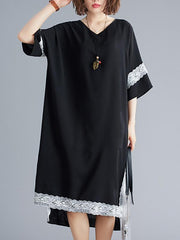 Loose Lace Splicing High-Low V-Neck Dress