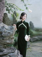 Double-Breasted Standing Collar Solid Colour Slim Fit Short-Sleeved Cheongsam With High Slit Maxi Dress