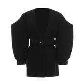 Vintage Solid Color V-Neck Bat Sleeve Tie Coat