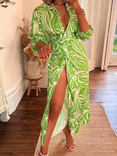 High Waisted Long Sleeves Asymmetric Knot Printed Zebra-Stripe Lapel Maxi Dresses