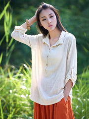 White&Gray&Beige Lapel Ramie Cotton T-shirt