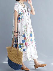 Women Round Neck Print Loose Slimming Dress