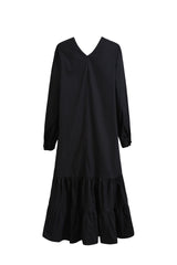 Drawstring Pleated Big Swing Long Sleeve Dress
