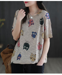 Women Round Neck Print Loose Retro T-Shirt