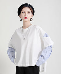 Women Round Neck Stitching Color Matching Casual Shirt