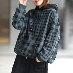 Women Retro Casual Loose Plaid Hooded Sweatshirt