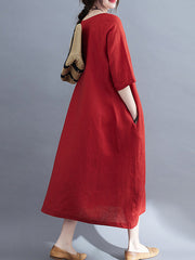 Round Neck Half Sleeves Embroidery Maxi Dress