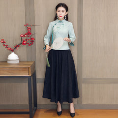 Retro Oriental Charm Pure Color Cheongsam Skirt Suit