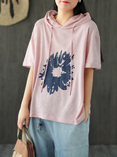 Loose Linen Print Hood Sweatshirt