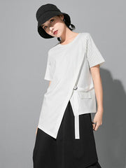 Fashion Striped Split-Joint Cropped T-Shirts Tops