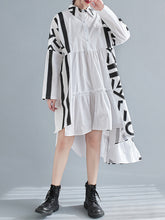 Lapel Striped Ruffled Long Sleeve Shirt Dress Midi Dress