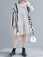 Lapel Striped Ruffled Long Sleeve Shirt Dress Midi Dress