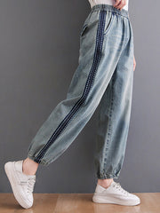 Retro Floral Embroidered Contrast Denim Casual Pants