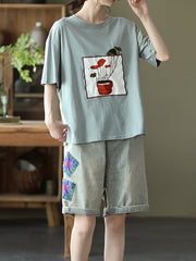 Retro Patch Embroidered All Match Wide Leg Shorts