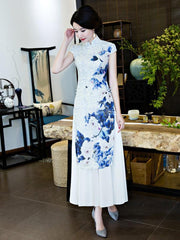 White&Blue Flower Split-side Ao Dai Cheongsam