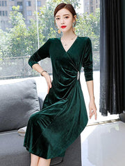 Velvet V-Neck Collect Waist A-Line Midi Dress