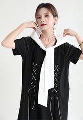 Retro Lace-Up Navy Collar Short Sleeve Midi Dress