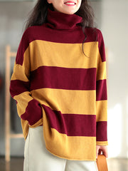 Vintage High-Neck Striped Loose Sweater