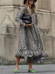 Leopard Print Long Sleeve V-Neck Loose Midi Dress