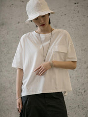 Simple Loose Solid Pocket Back-Button T-Shirt