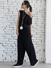 Simple Solid One-Shoulder Wide Leg Jumpsuit