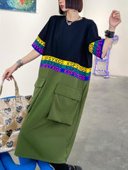 Short Sleeve Color Block Large Pockets Slim Dress
