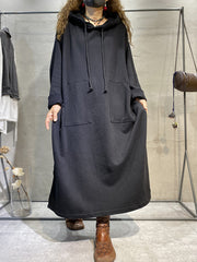 Casual Hooded Drawstring Maxi Dress With Large Pockets