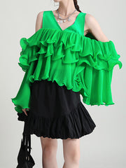 Loose Irregular Solid Ruffled Blouse