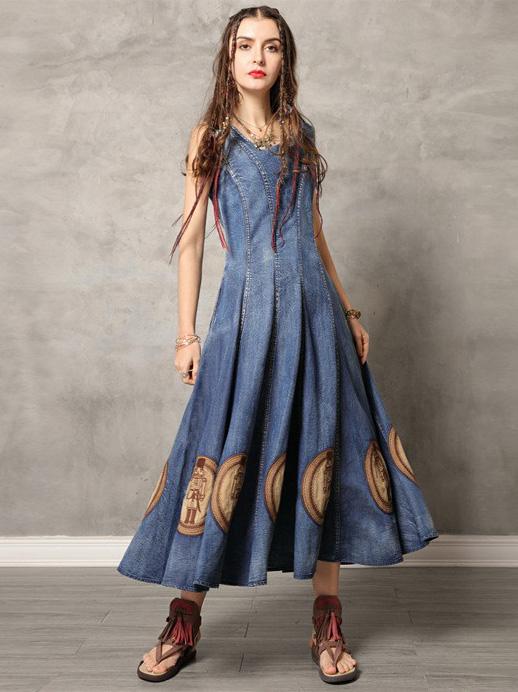 Vintage Embroidered Denim Vest Dress