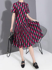 Rhomboid Print Pleat Round Neck Dress