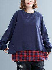 False Two Plaid Split-Joint Loose Sweatshirt