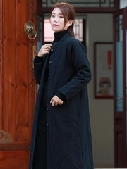 Casual National Linen Stand Collar Long Cotton-Padded Outwear