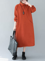 High-Neck Solid Simple Midi Dress