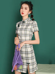 National Plaid Split-Side Short Cheongsams