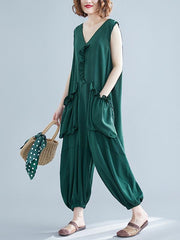 Loose Solid Color Sleeveless V-Neck Jumpsuit