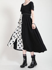 Women Waistband Color Matching Polka Dot Bow Dress