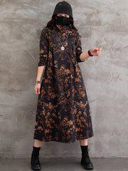 Vintage Floral Printed  Casual Midi Dress