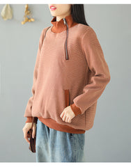 Women Casual Plus Velvet High Neck Striped Zipper Sweatshirt