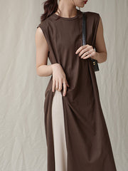 Irregular Slimming Round Neck Solid Color Dress