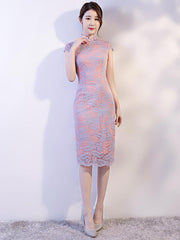 Pink Lace See-through Split-side Short Cheongsam