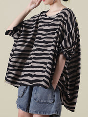 Casual Loose Color Matching Striped Bat Sleeve T-Shirt